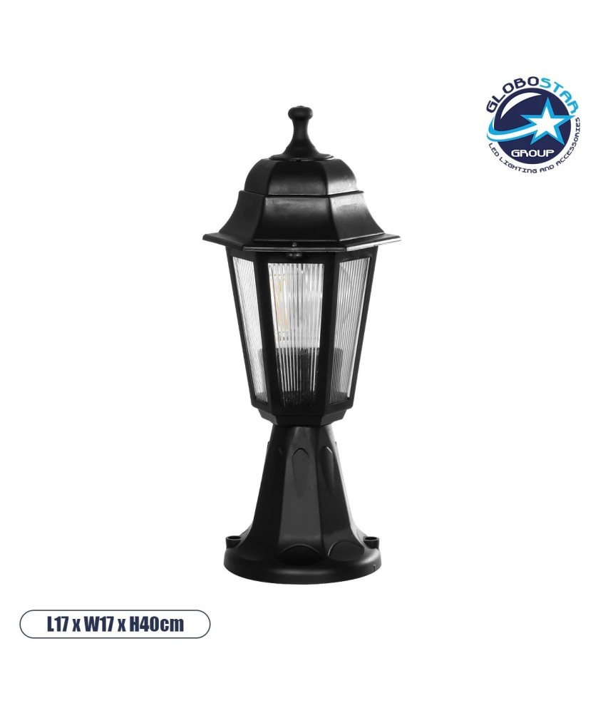 GloboStar® VITRO 203-0190 Vintage Επιδαπέδιο Φωτιστικό Φαναράκι Μονόφωτο 1 x E27 IP44 Μαύρο & Διάφανο Πλαστικό - Μ17 x Π17 x Υ40cm